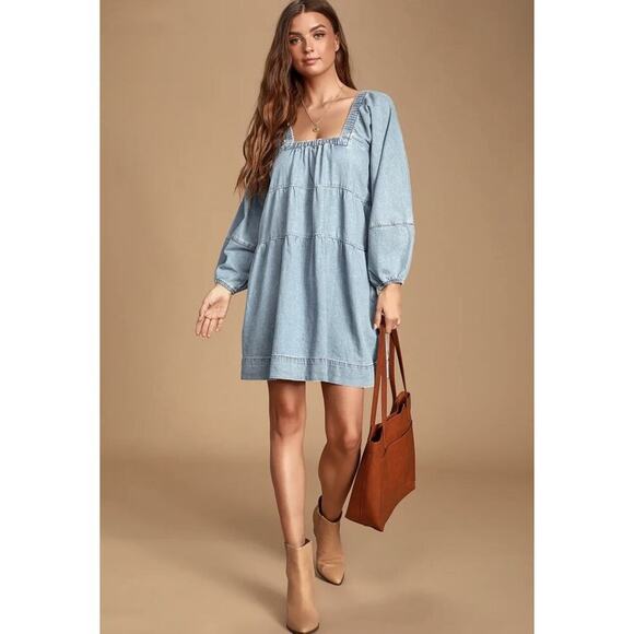 Free People Denim Babydoll Dress Women XS Light Blue Square Neck Balloon Sleeves - Picture 16 of 16